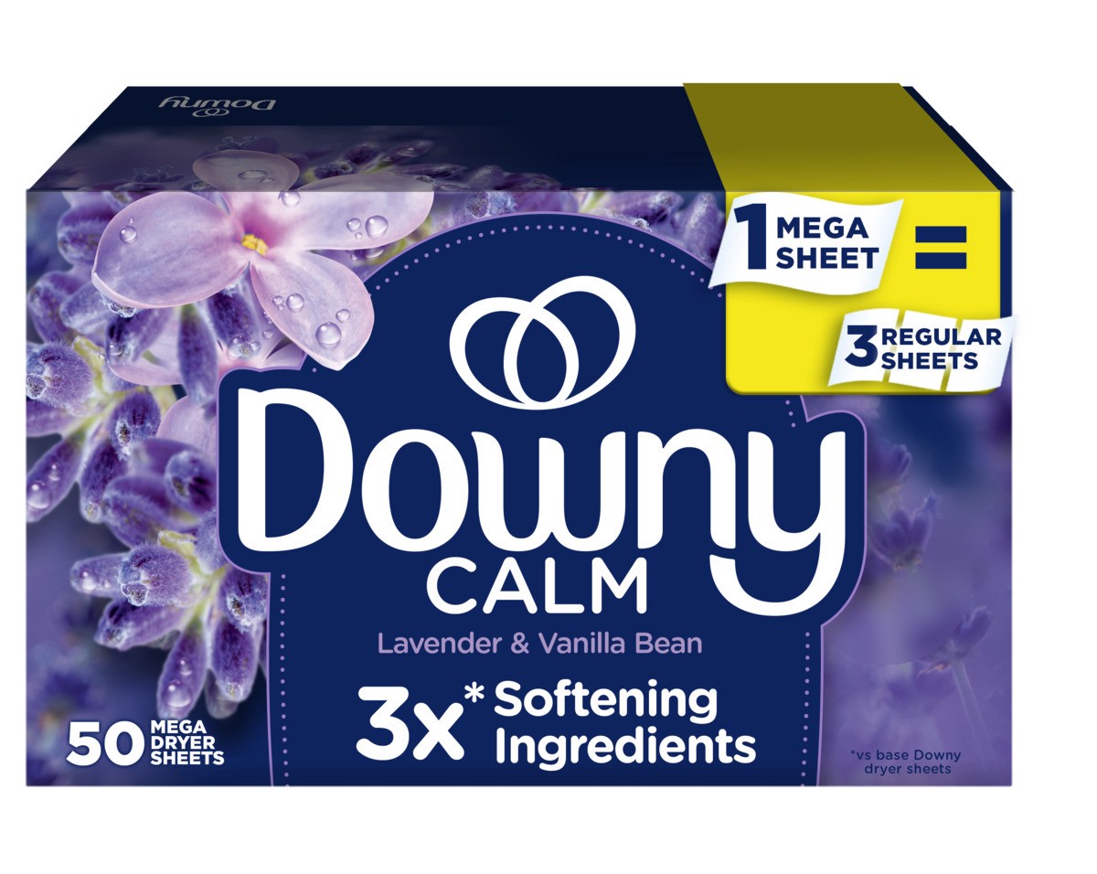 slide 1 of 8, Downy CALM, Mega Dryer Sheets, Laundry Fabric Softener, Lavender and Vanilla Bean, 50 Count, 50 ct