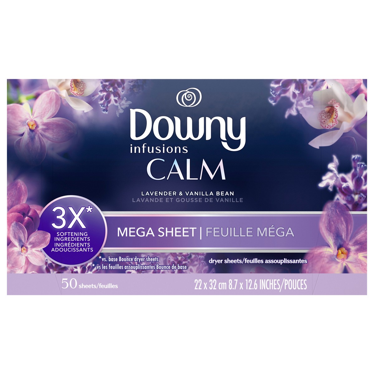 slide 1 of 8, Downy CALM, Mega Dryer Sheets, Laundry Fabric Softener, Lavender and Vanilla Bean, 50 Count, 50 ct