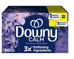Downy CALM, Mega Dryer Sheets, Laundry Fabric Softener, Lavender and Vanilla Bean, 50 Count