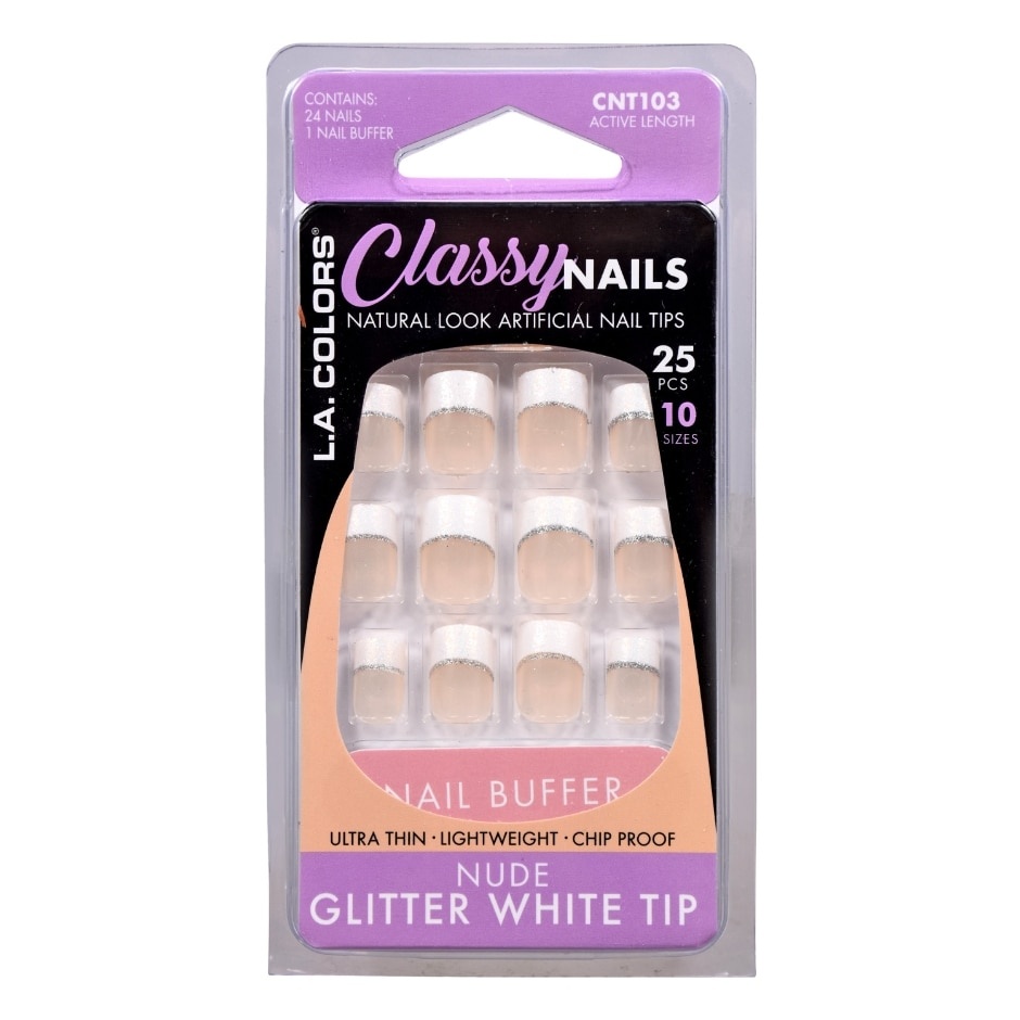 slide 1 of 1, LA Colors L.A. Colors Classy Nails Nude Glitter White Tip Artificial Nails, 25 ct