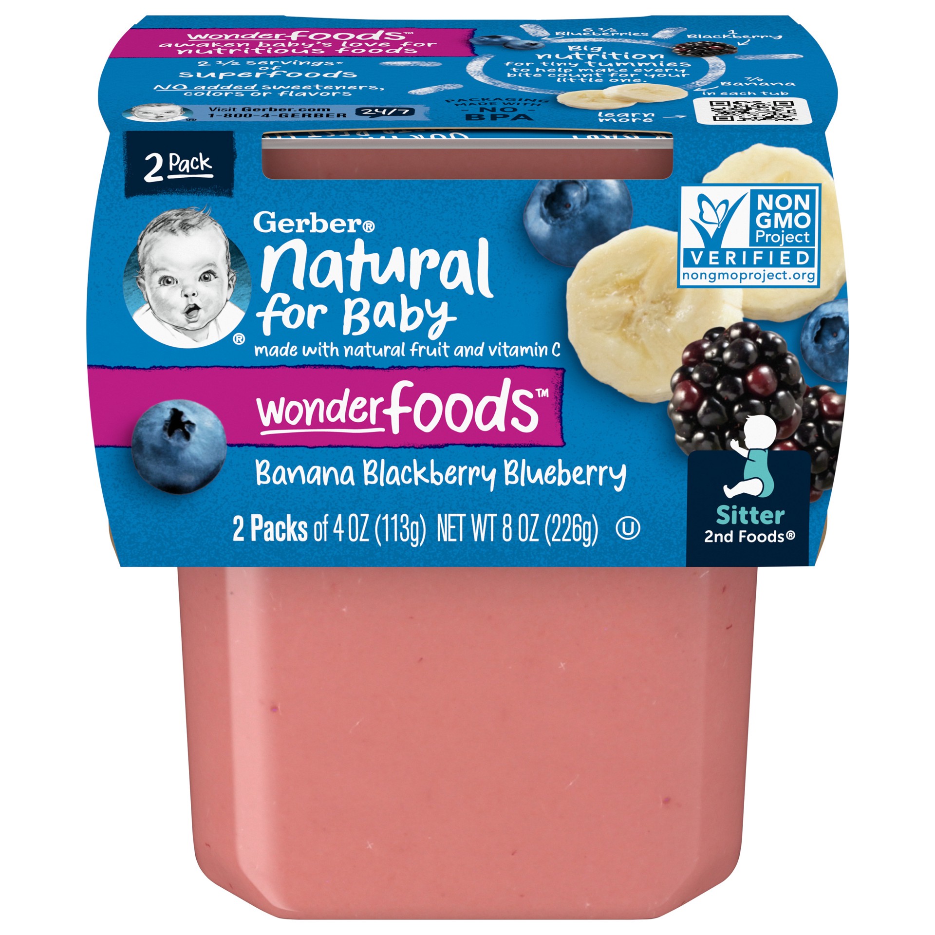 slide 1 of 5, Gerber 2nd Foods Natural for Baby WonderFoods Baby Food, Banana with Mixed Berry, 4 oz Tubs (2 Pack), 2 ct