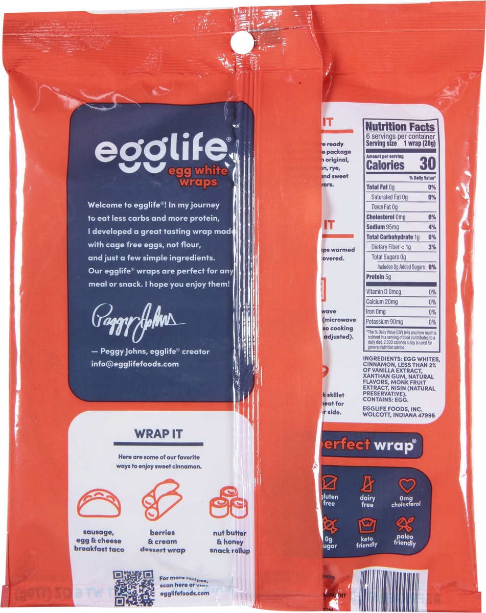 slide 6 of 9, egglife Sweet Cinnamon Egg White Wrap, Gluten Free Refrigerated Flourless Tortilla Wraps, 6 oz, 6 Count, 6 ct