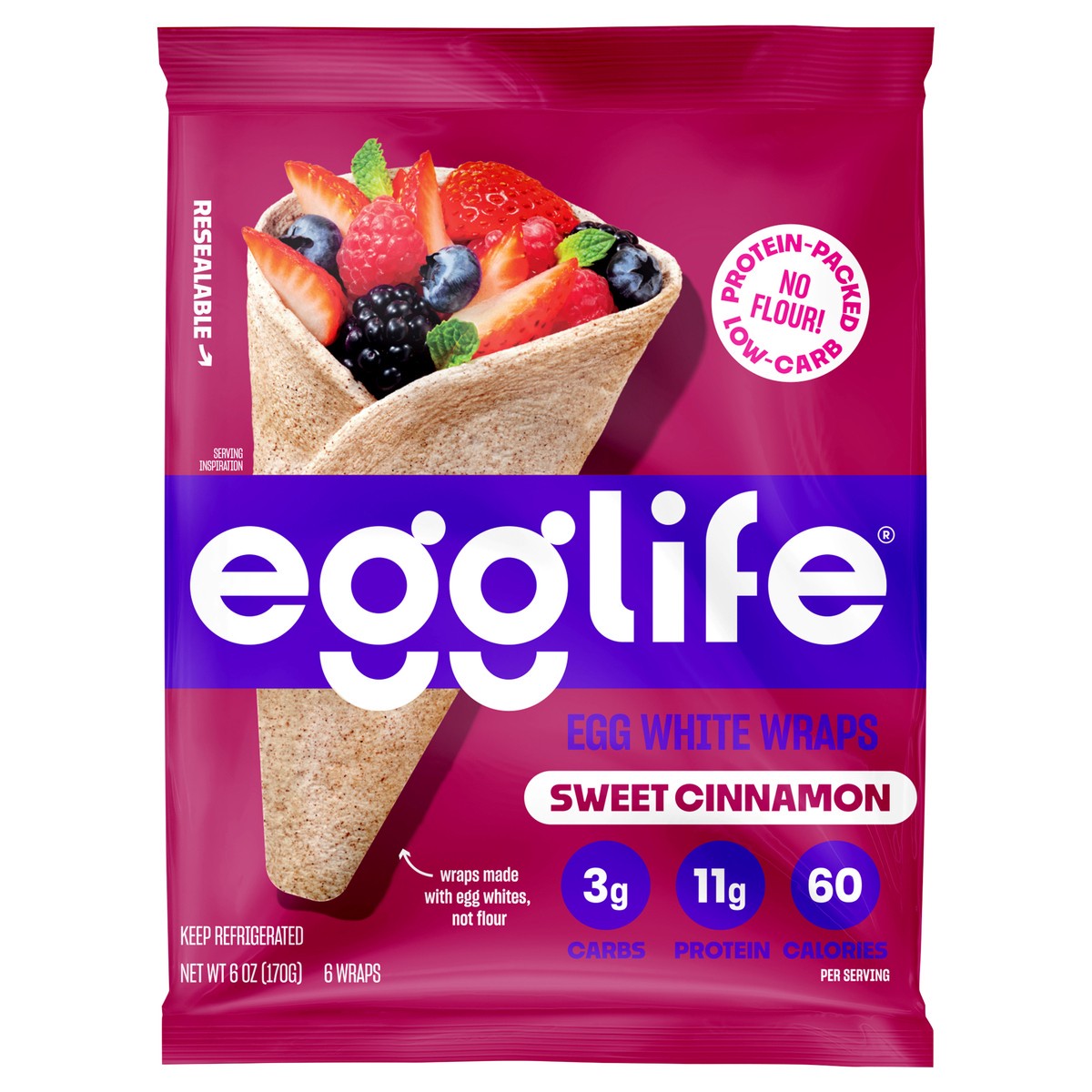 slide 1 of 9, egglife Sweet Cinnamon Egg White Wrap, Gluten Free Refrigerated Flourless Tortilla Wraps, 6 oz, 6 Count, 6 ct