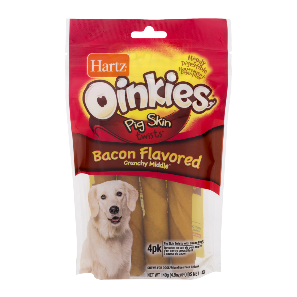 slide 1 of 1, Hartz Oinkies Pig Skin Twists Wrapped With Bacon Flavored Pork, 4 ct