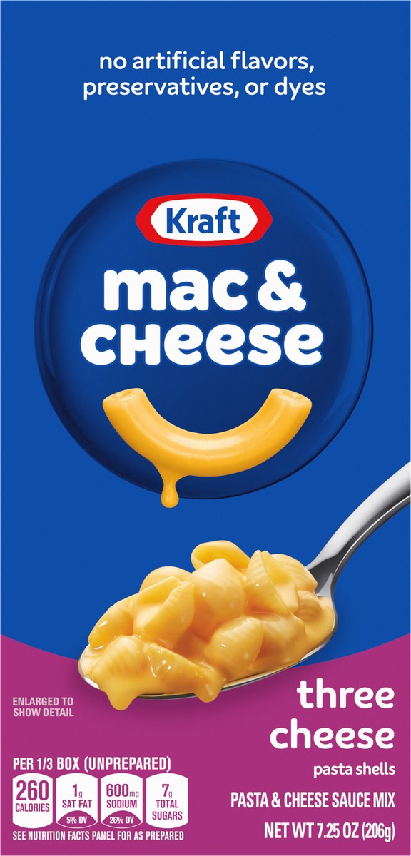 slide 3 of 13, Kraft Three Cheese Mac & Cheese Macaroni and Cheese Dinner with Mini-Shell Pasta, 7.25 oz Box, 7.25 oz