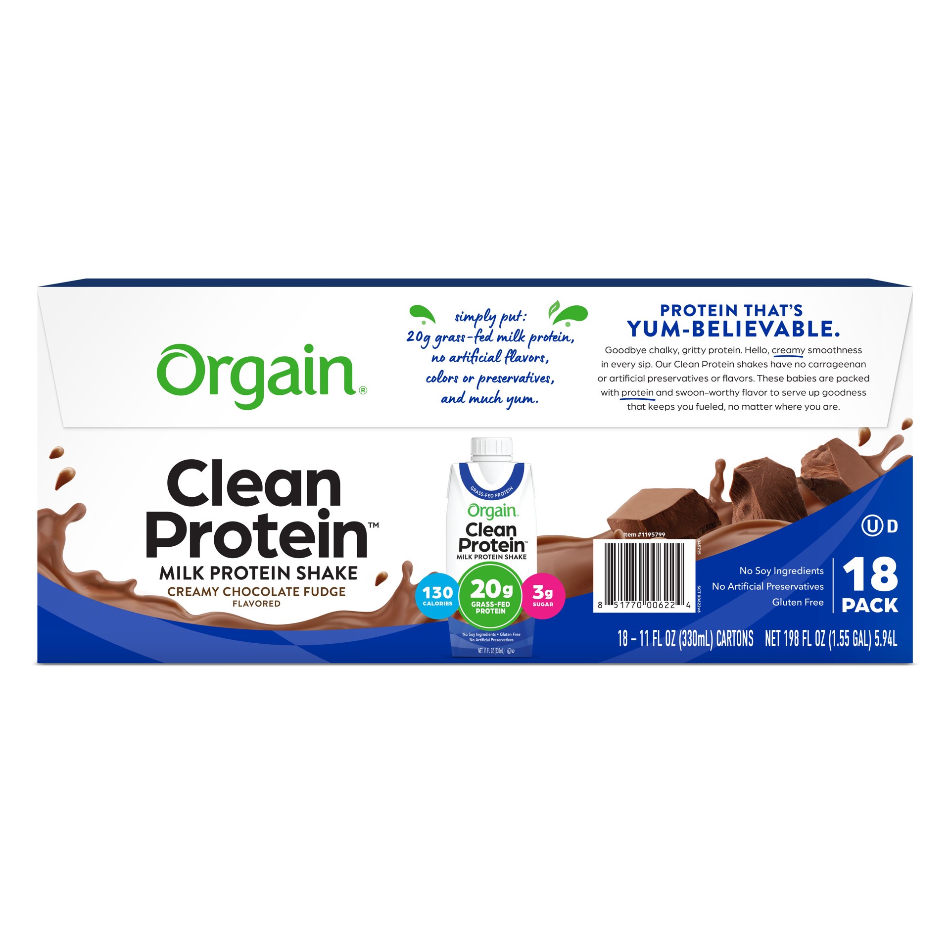 slide 2 of 4, Orgain Clean Protein Milk Protein Shake, Creamy Chocolate Fudge, 18 pk, 