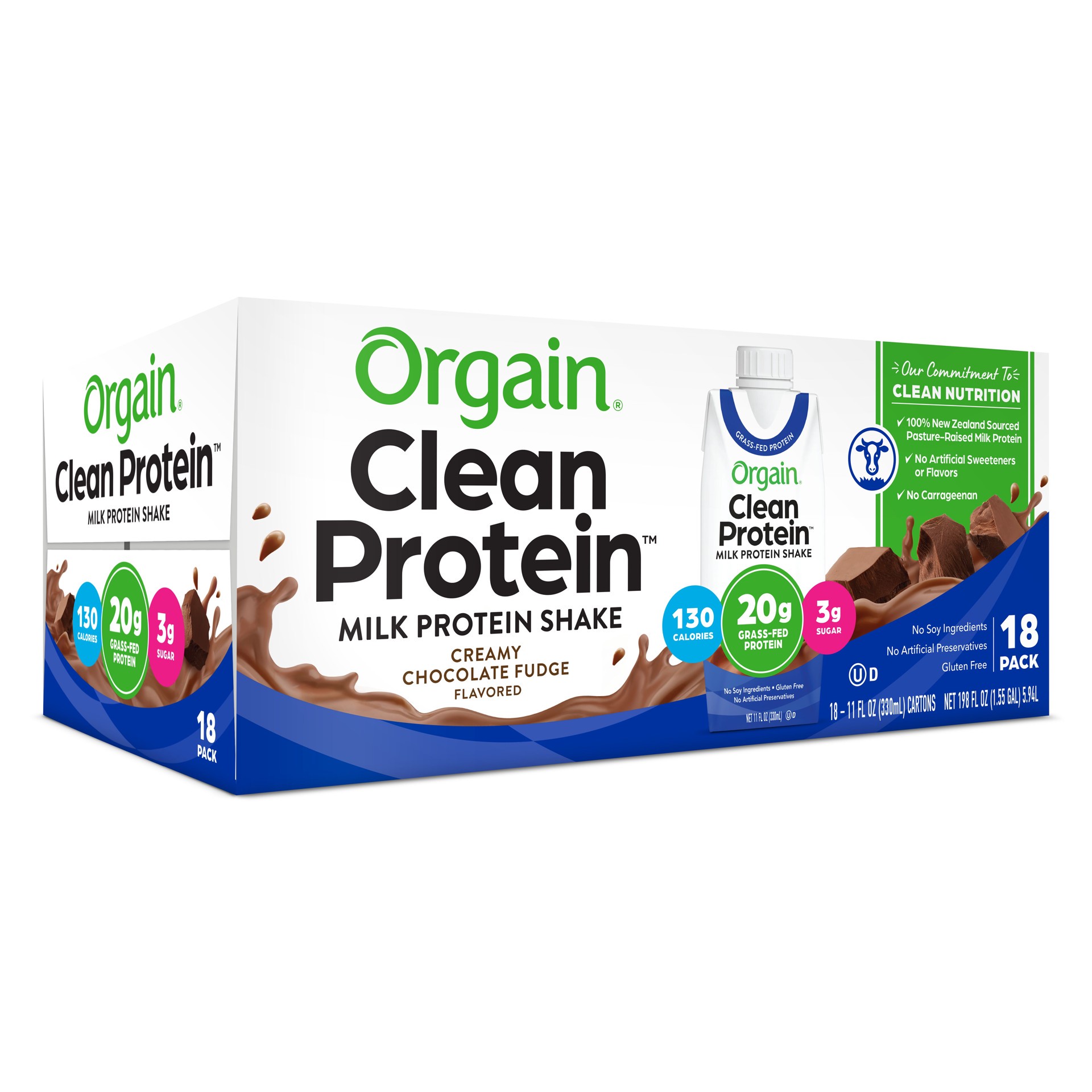 slide 3 of 4, Orgain Clean Protein Milk Protein Shake, Creamy Chocolate Fudge, 18 pk, 