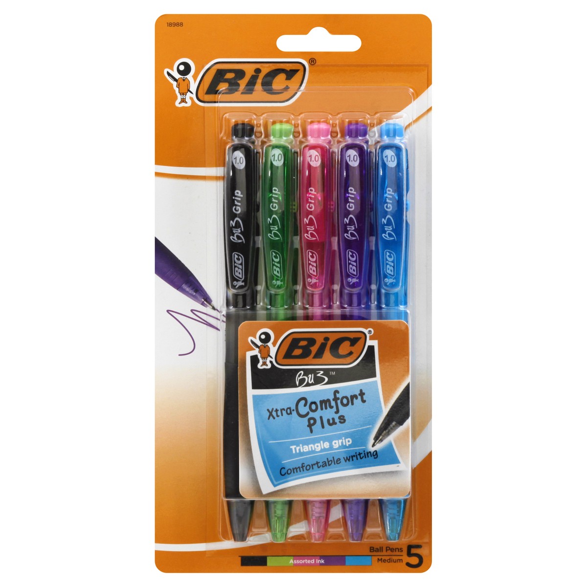 slide 1 of 11, BIC Bu3 Grip Xtra Comfort Plus Assorted Ink Medium Ball Pens 5 ea, 5 ct