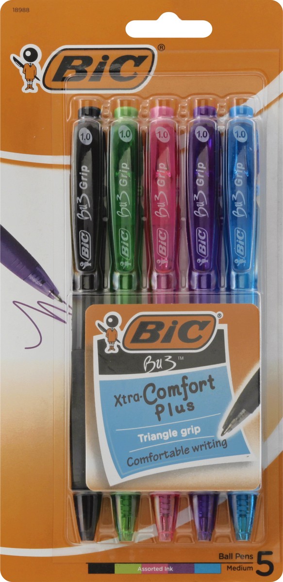 slide 1 of 11, BIC Bu3 Grip Xtra Comfort Plus Assorted Ink Medium Ball Pens 5 ea, 5 ct