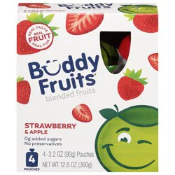 Buddy Fruits Strawberry & Apple Blended Fruits - 4 x 3.2 oz Pouches