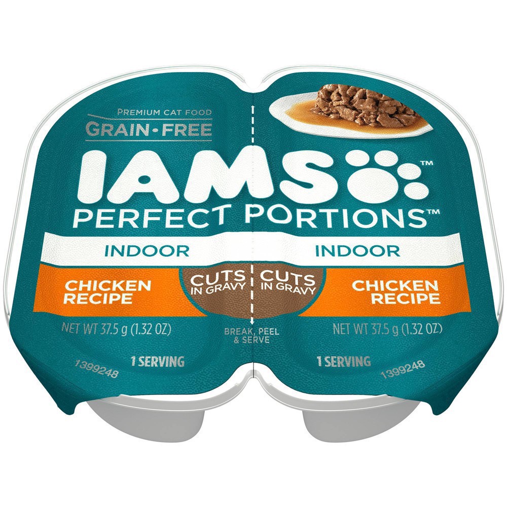 slide 5 of 5, IAMS Perfect Portions Indoor Wet Cat Food Cuts in Gravy, Grain Free Chicken Recipe Twin-Pack Tray, 2.6 oz