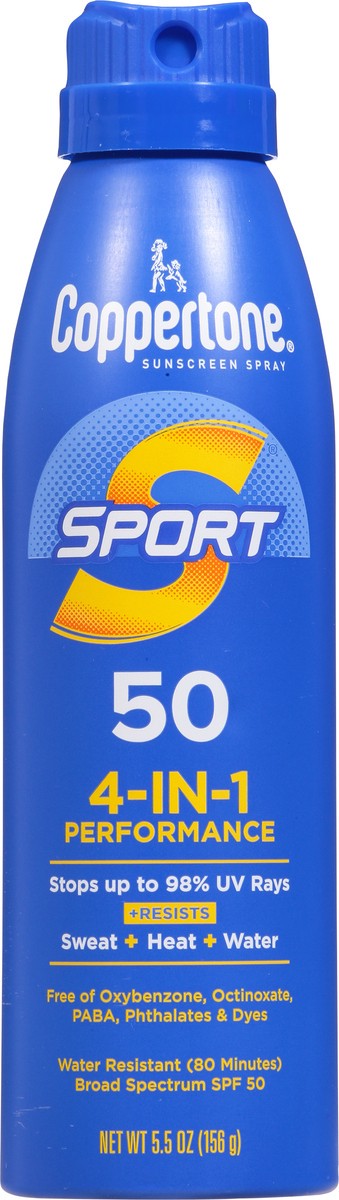 slide 2 of 9, Coppertone 4-in-1 Broad Spectrum SPF 50 Sport Sunscreen Spray 5.5 oz, 1 ct
