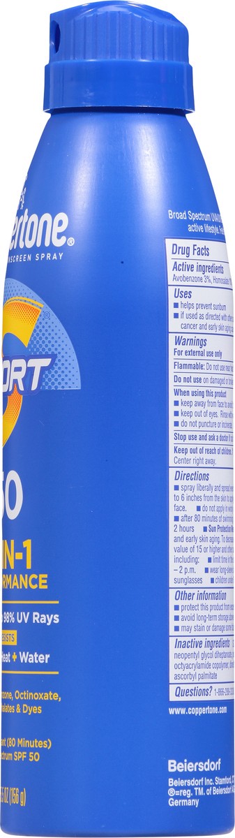 slide 5 of 9, Coppertone 4-in-1 Broad Spectrum SPF 50 Sport Sunscreen Spray 5.5 oz, 1 ct