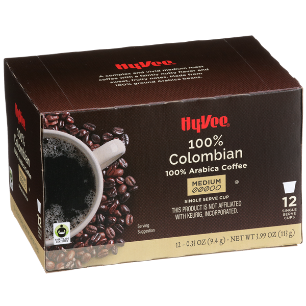 slide 1 of 1, Hy-vee Medium Roast 100% Colombian Arabica Coffee Single Serve Cups - 12 ct, 12 ct