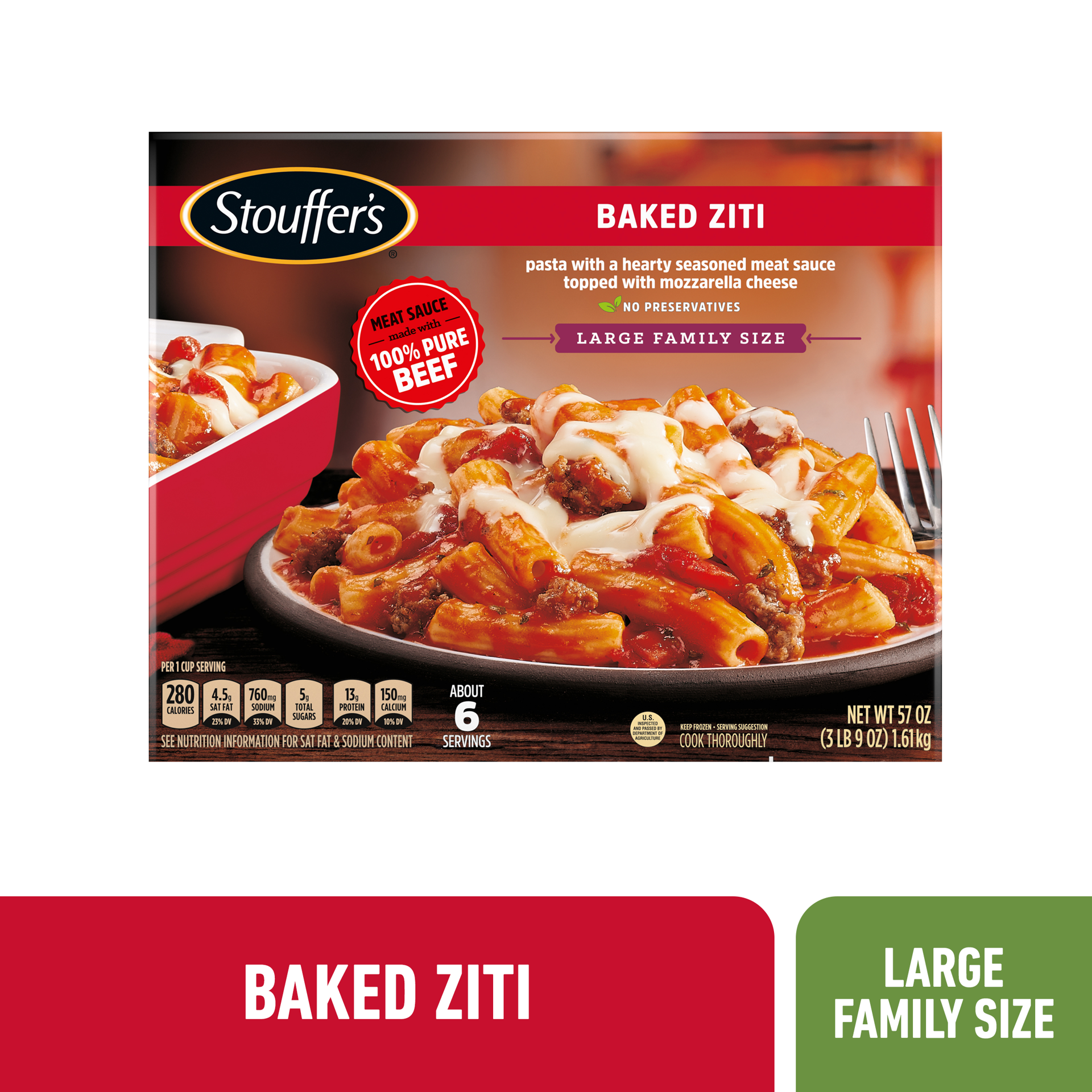 slide 1 of 8, Stouffer's Large Family Size Baked Ziti Frozen Meal, 57 oz