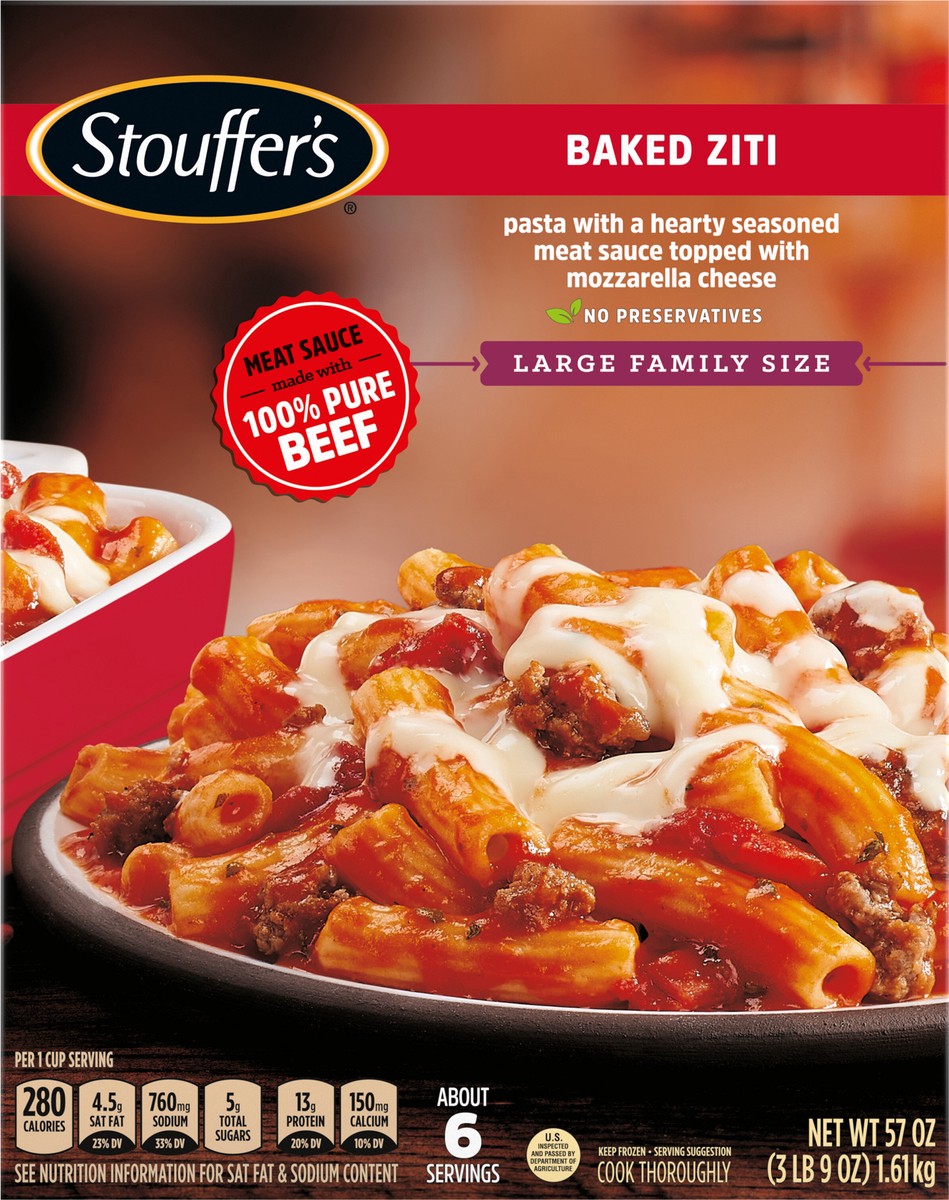 slide 5 of 8, Stouffer's Large Family Size Baked Ziti Frozen Meal, 57 oz