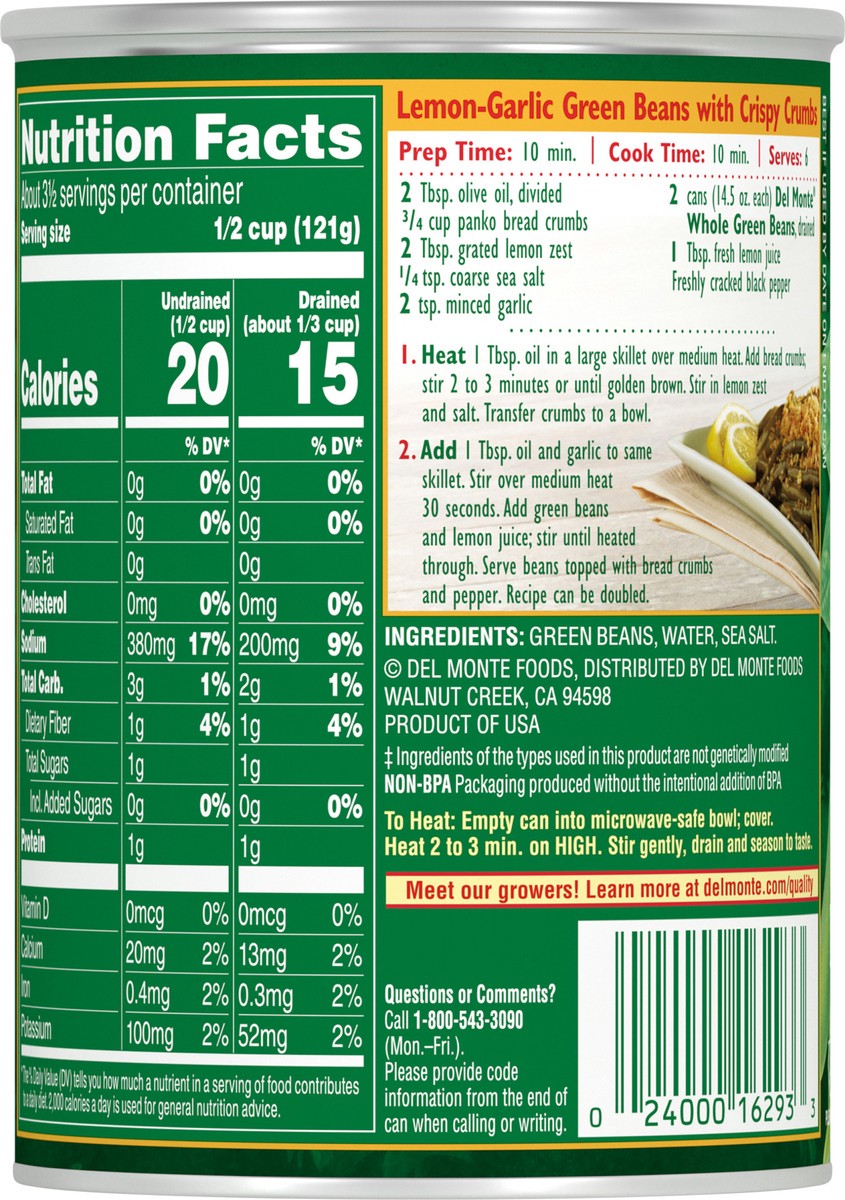 slide 6 of 7, Del Monte Fresh Cut Harvest Selects Blue Lake Whole Green Beans 14.5 oz Can, 14.5 oz