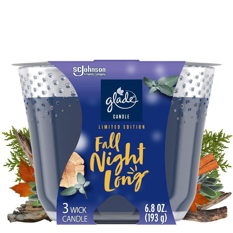 slide 1 of 16, Glade Candle, 3 Wick Scented Candle, Fall Night Long, 6.8 oz, 6.8 oz