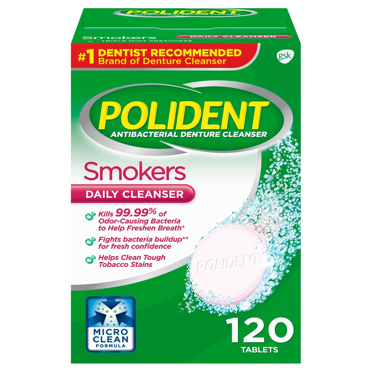 slide 1 of 11, Polident Smokers Antibacterial Effervescent Denture Cleaner Tablets - 120 Count, 120 ct