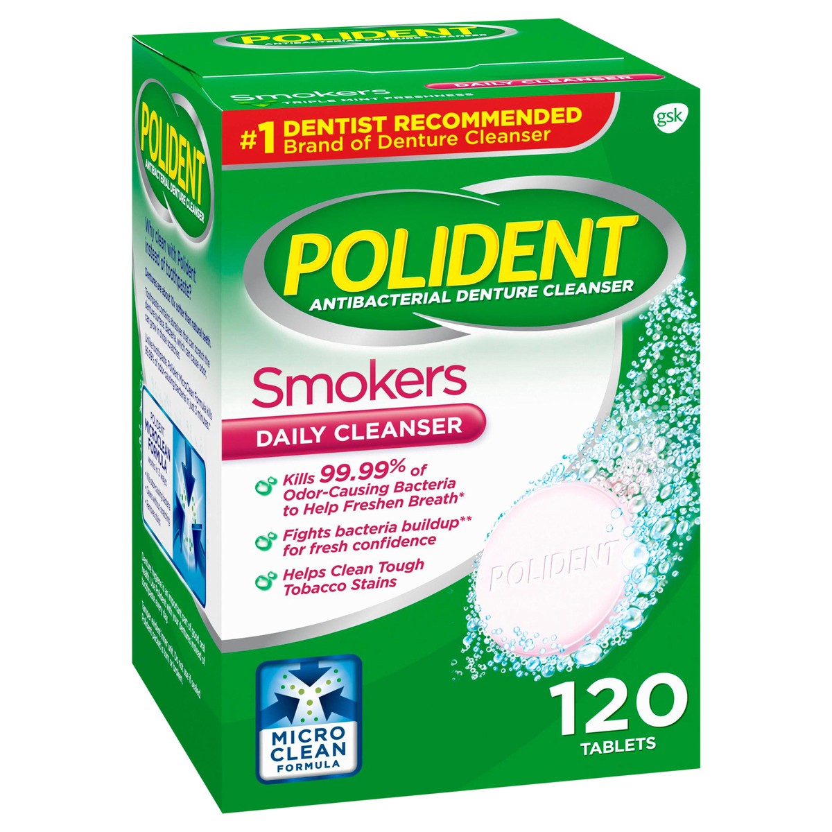 slide 2 of 11, Polident Smokers Antibacterial Effervescent Denture Cleaner Tablets - 120 Count, 120 ct