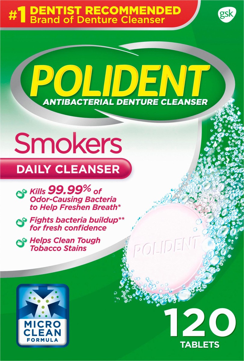 slide 9 of 11, Polident Smokers Antibacterial Denture Cleanser Effervescent Tablets - 120Ct, 120 ct