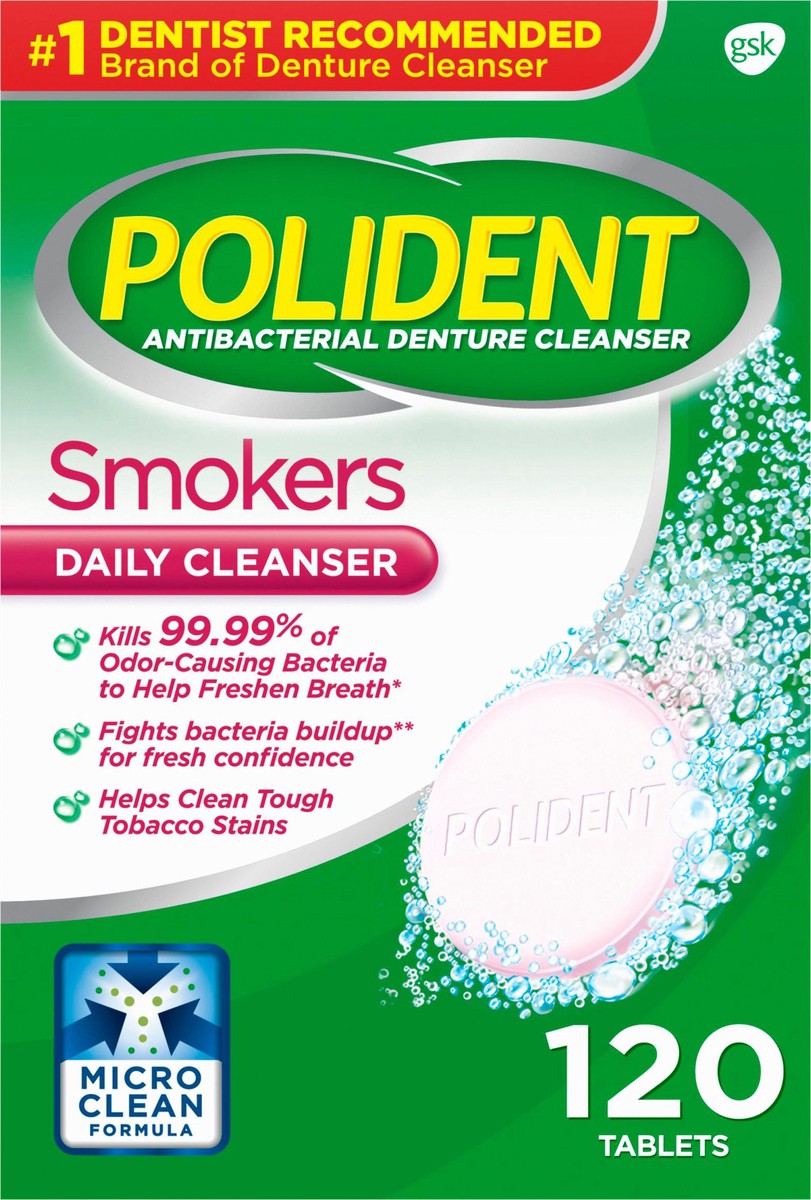 slide 5 of 11, Polident Smokers Antibacterial Effervescent Denture Cleaner Tablets - 120 Count, 120 ct