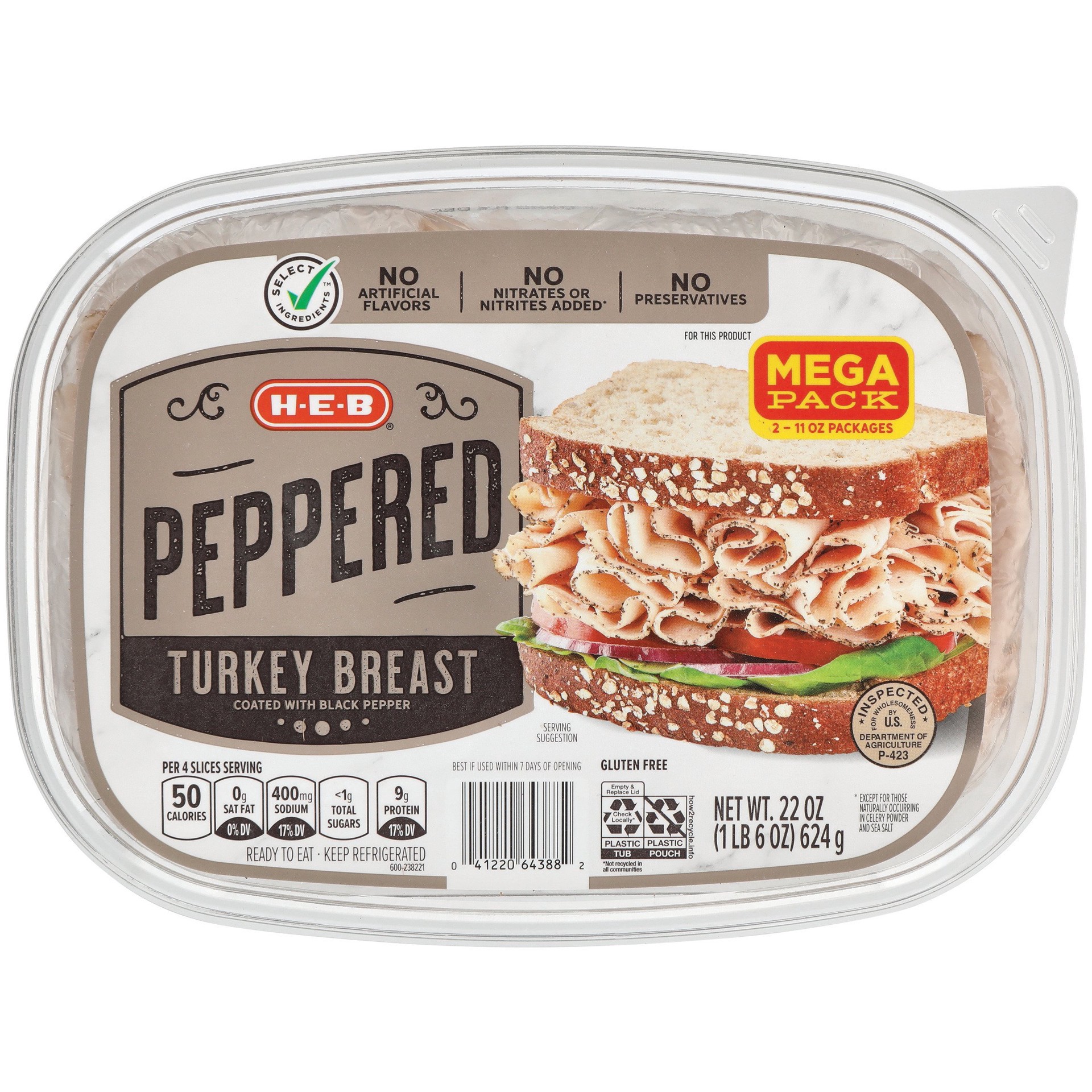 slide 1 of 1, H-E-B Peppered Turkey Breast Lunch Meat - Mega Pack, 22 oz