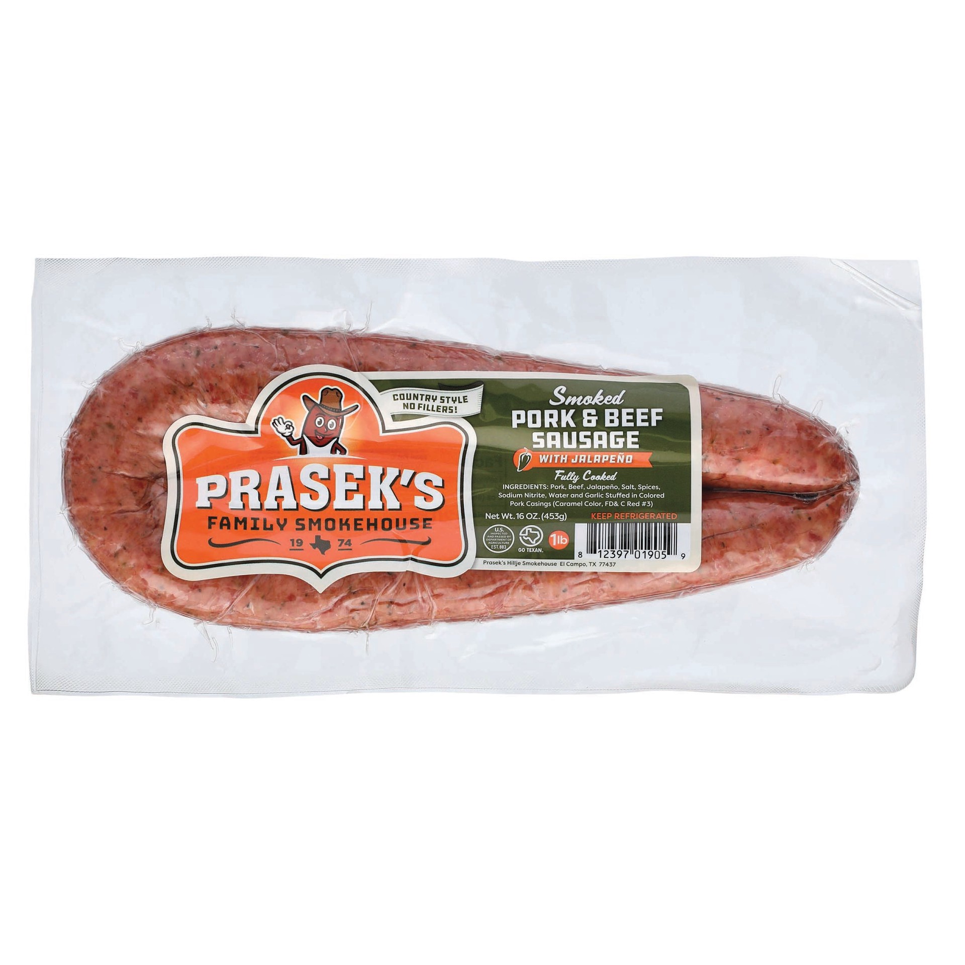 slide 1 of 1, Prasek's Smoked Pork and Beef Sausage with Jalapenos, 1 lb