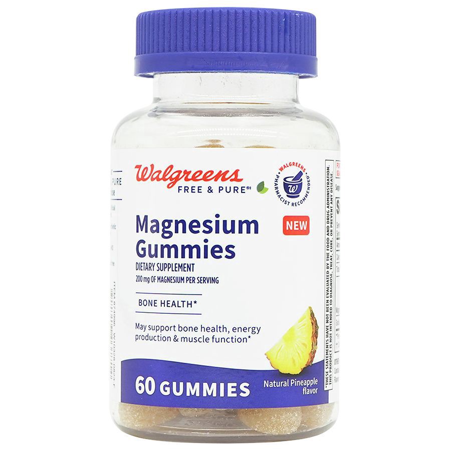 slide 1 of 5, Walgreens Free & Pure Magnesium 200 mg Gummies Natural Pineapple, 60 ct