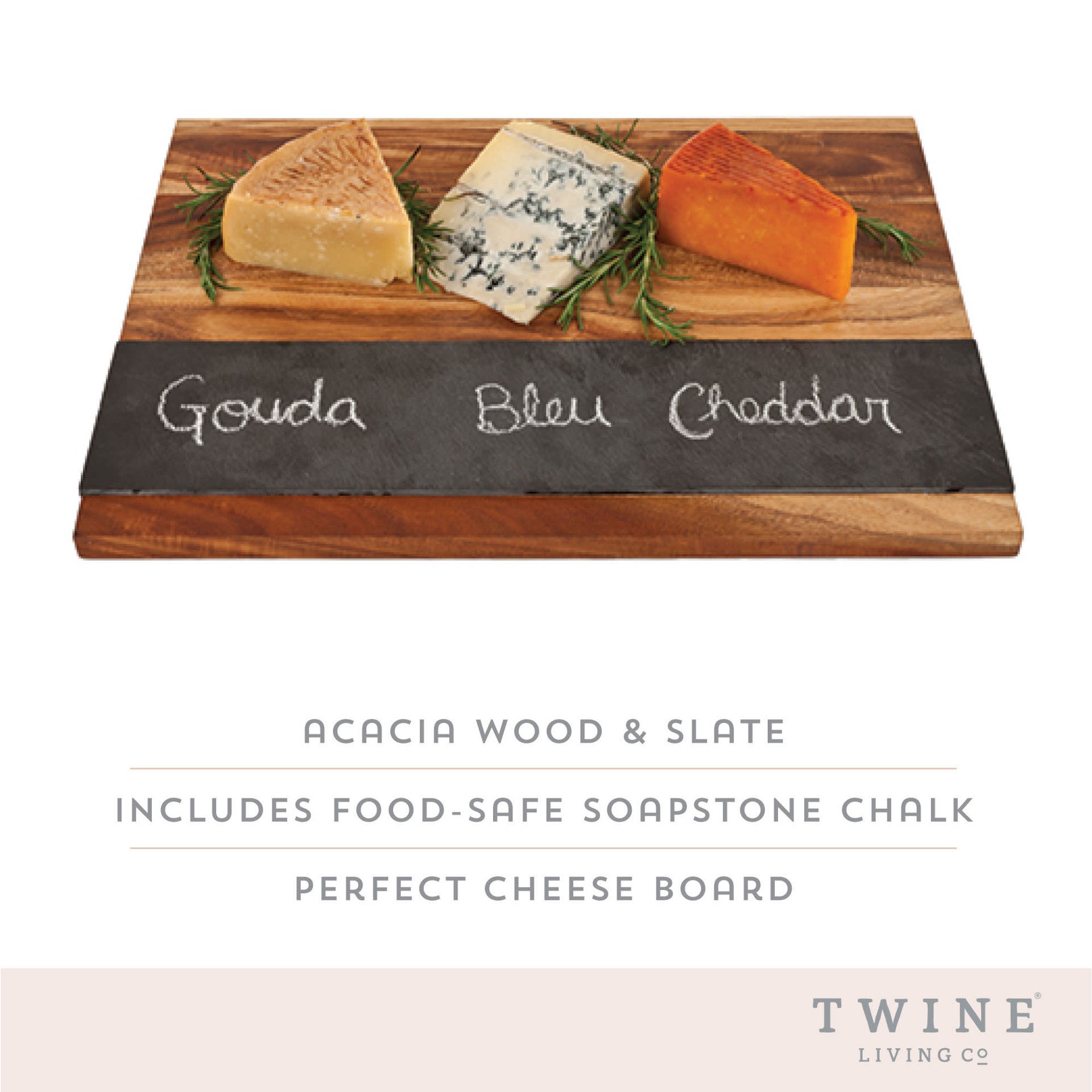 slide 2 of 5, Twine Rustic Farmhouse Wood with Slate Cheese Board and Chalk Set, Acacia Wood and Natural Slate Cutting Board, Soapstone Chalk, 15" by 11", Gourmet Gift Set, 1 ct