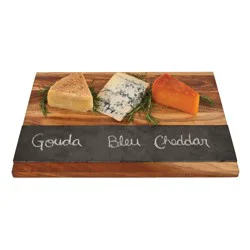 Twine Rustic Farmhouse Wood with Slate Cheese Board and Chalk Set, Acacia Wood and Natural Slate Cutting Board, Soapstone Chalk, 15" by 11", Gourmet Gift Set