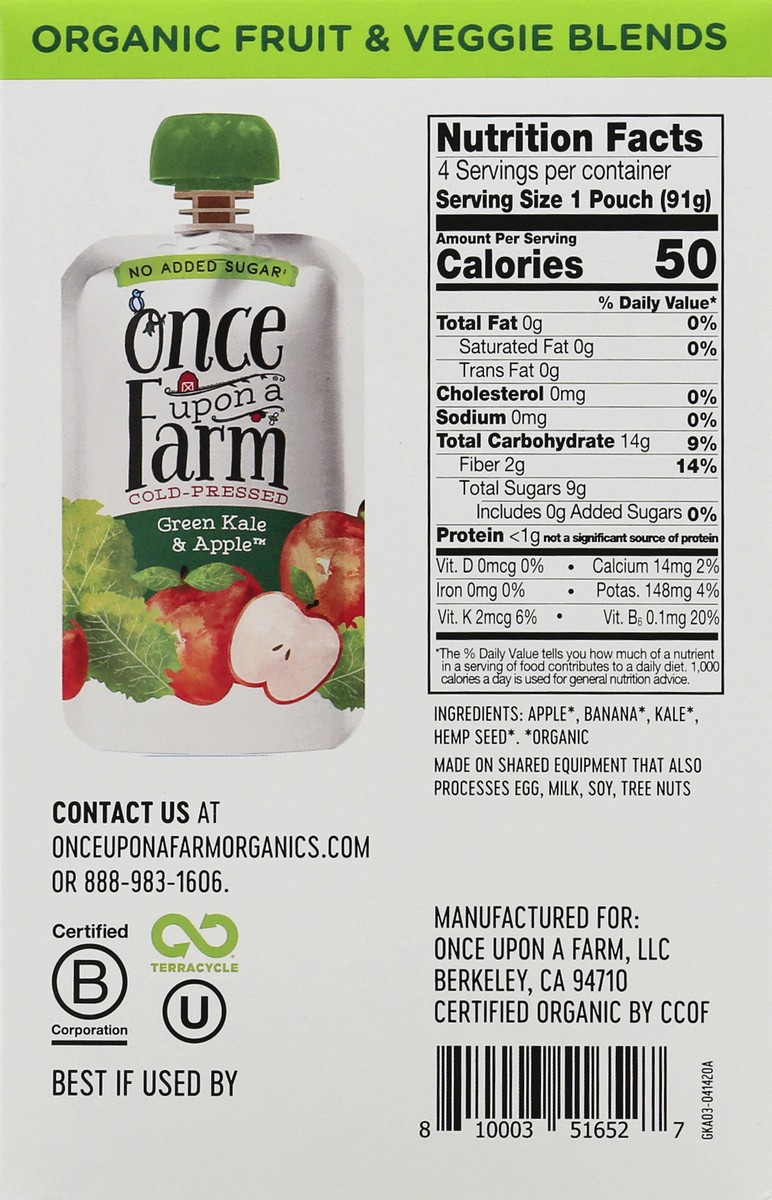 slide 3 of 9, Once Upon a Farm Cold-Pressed Organic 4 Pack Green Kale & Apples Fruit & Veggie Blend 4 ea, 8 ct; 2.7 oz