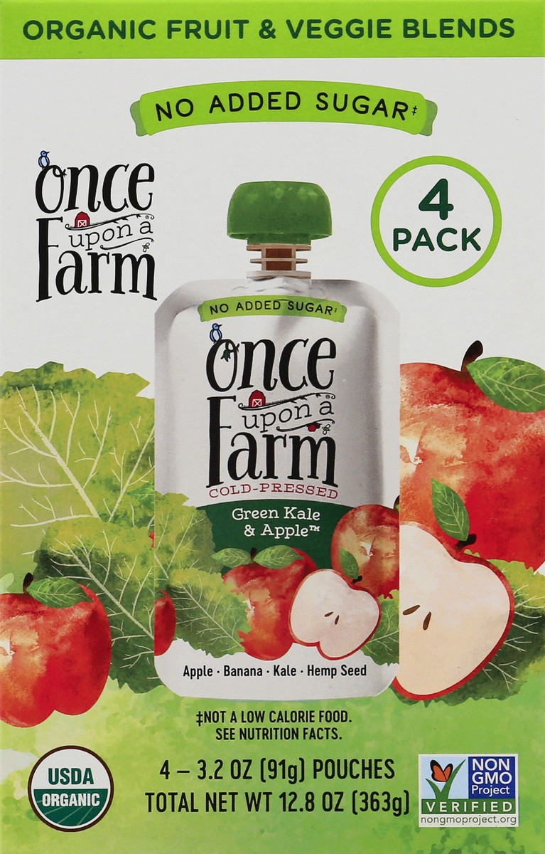 slide 2 of 9, Once Upon a Farm Cold-Pressed Organic 4 Pack Green Kale & Apples Fruit & Veggie Blend 4 ea, 8 ct; 2.7 oz