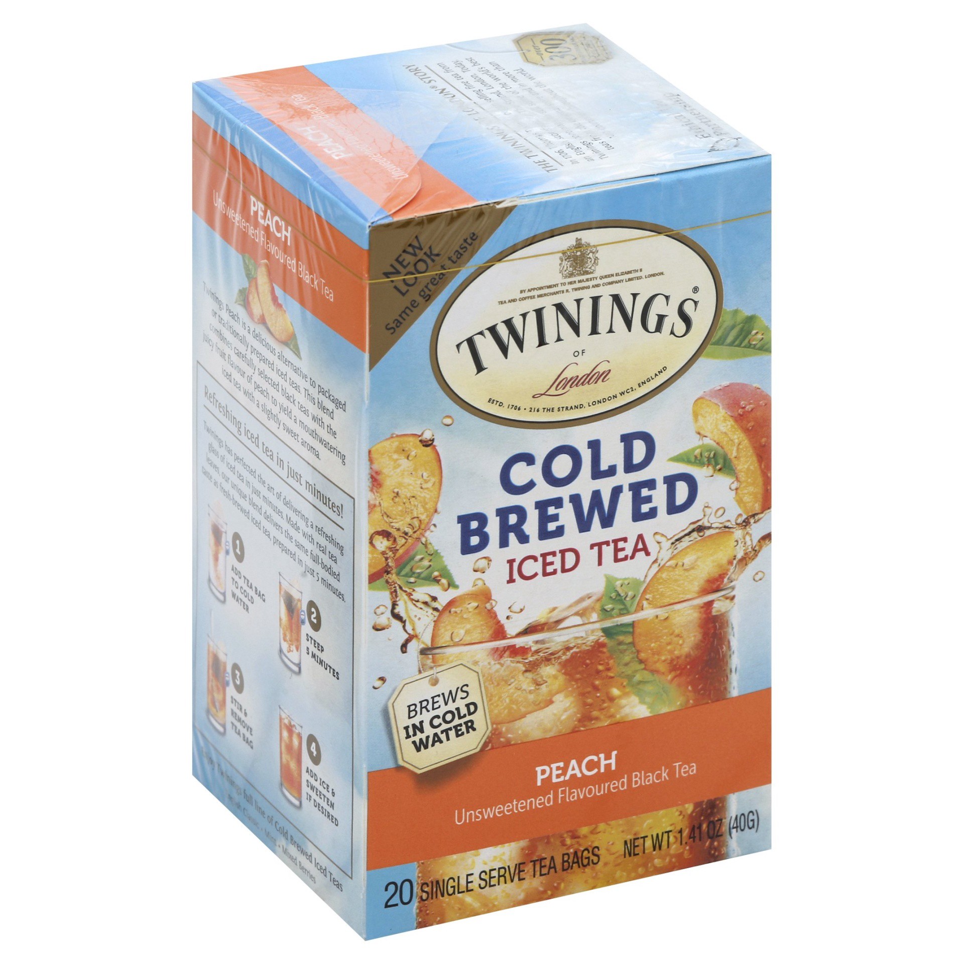 slide 1 of 9, Twinings Single Serve Tea Bags Cold Brewed Peach Iced Tea 20 20 20, 20 ct