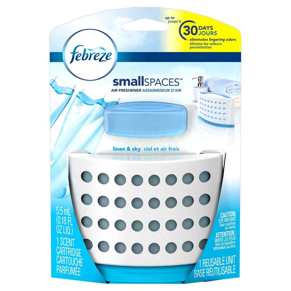 slide 4 of 9, Febreze Smallspaces Linen & Sky Starter Kit Air Freshener, 0.18 fl oz