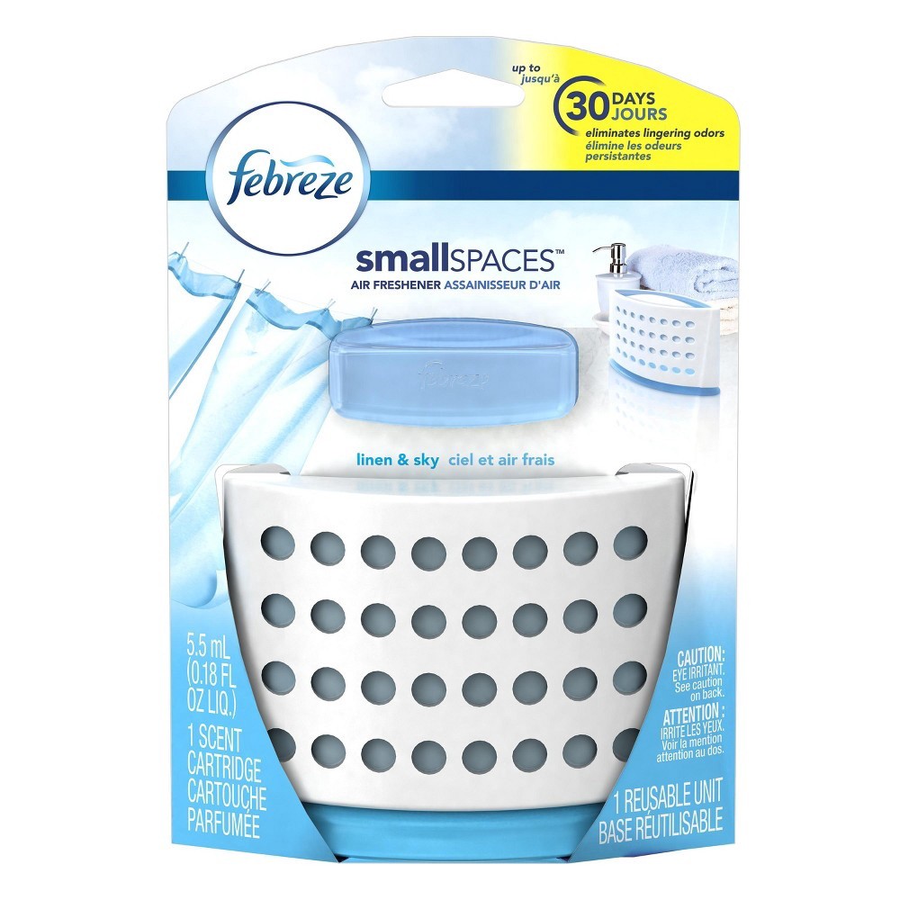 slide 2 of 9, Febreze Smallspaces Linen & Sky Starter Kit Air Freshener, 0.18 fl oz