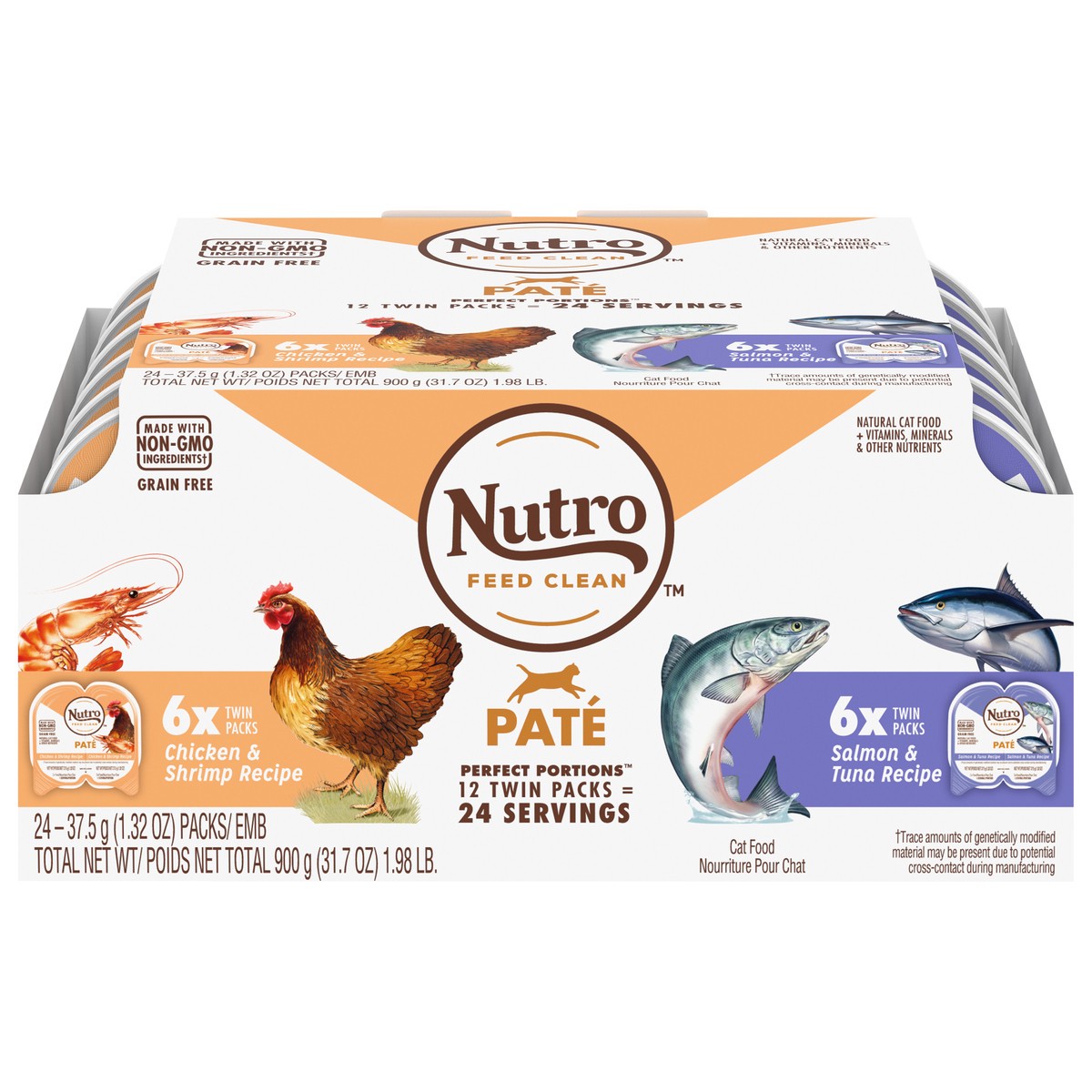 slide 1 of 9, Nutro Perfect Portions Pate Chicken & Shrimp Recipe/Salmon & Tuna Recipe Cat Food 24 - 1.32 oz ea, 2.64 oz