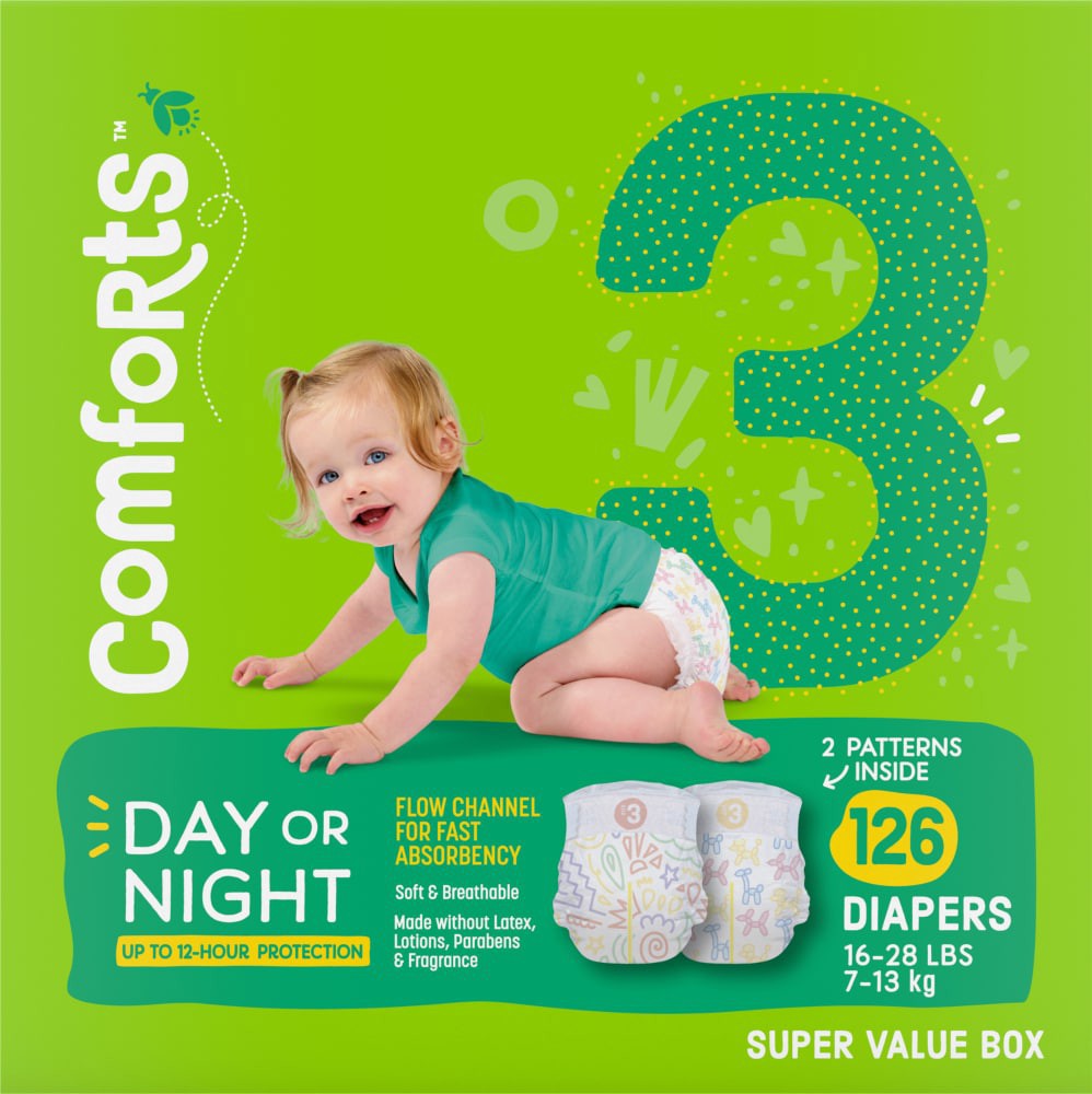 slide 3 of 3, Comforts Baby Diapers Size 3 (16-28 Lbs), 126 ct