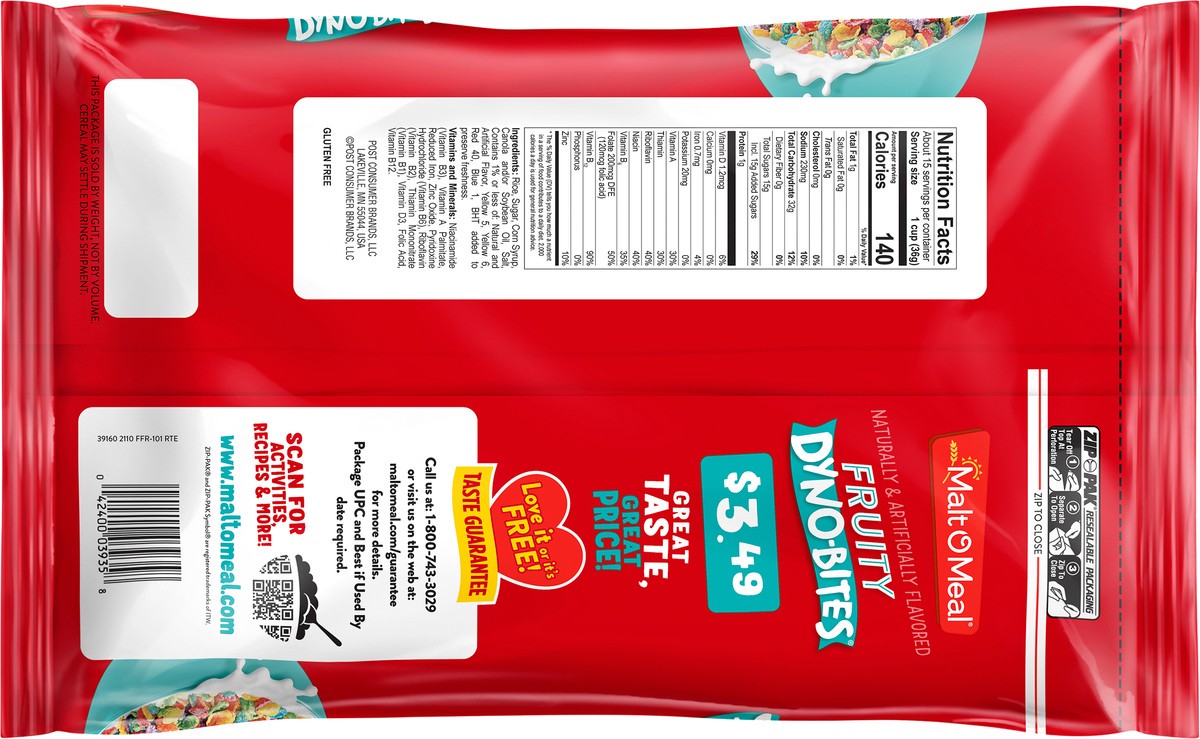 slide 3 of 7, Malt-O-Meal Fruity Dyno Bites Cereal, Gluten Free Breakfast Cereal, 19 OZ Bag, 19 oz