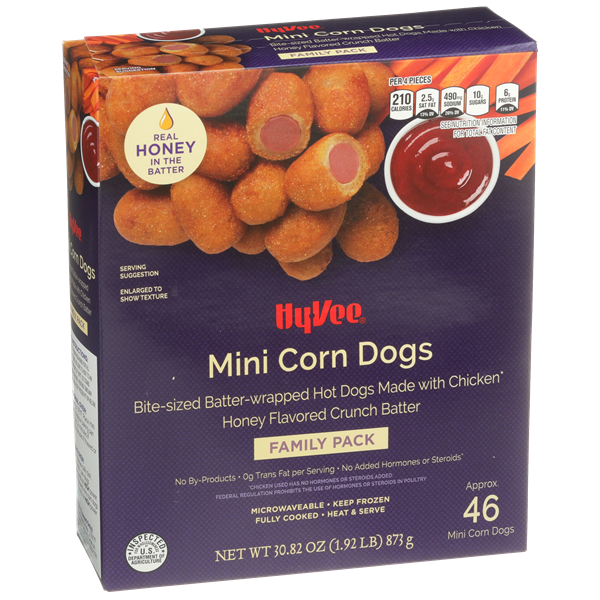 slide 1 of 1, Hy-vee Honey Flavored Crunch Batter Mini Corn Dogs Bite-sized, Batter-wrapped Hot Dogs, 30.82 oz