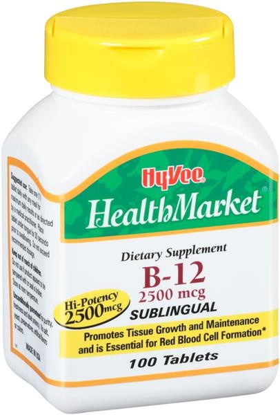 slide 1 of 1, Hy-Vee HealthMarket Sublingual B-12 Dietary Supplement 2500Mcg Tablets, 100 ct