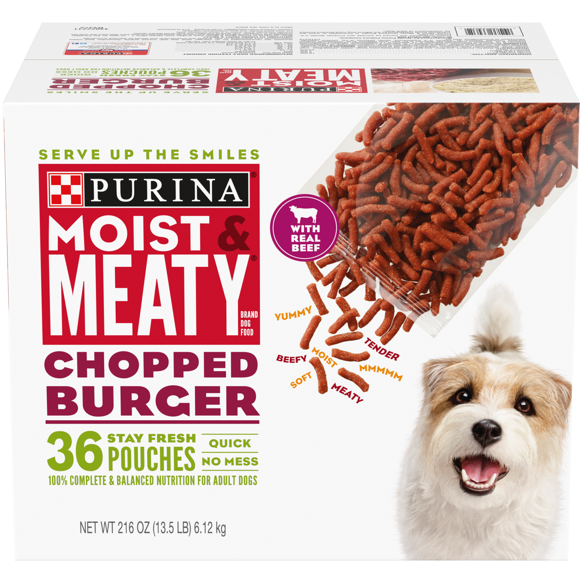 slide 1 of 6, Moist & Meaty Purina Moist and Meaty Dog Food Chopped Burger Soft Dog Food Pouches, 216 oz