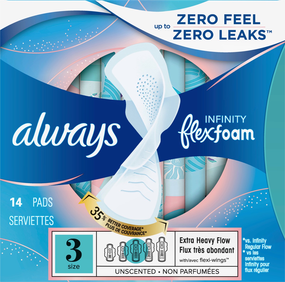 slide 3 of 4, Always Infinity FlexFoam Pads for Women Size 3 Extra Heavy Flow Absorbency, Zero Leaks & Zero Feel is possible, with Wings Unscented, 14 Count, 14 ct