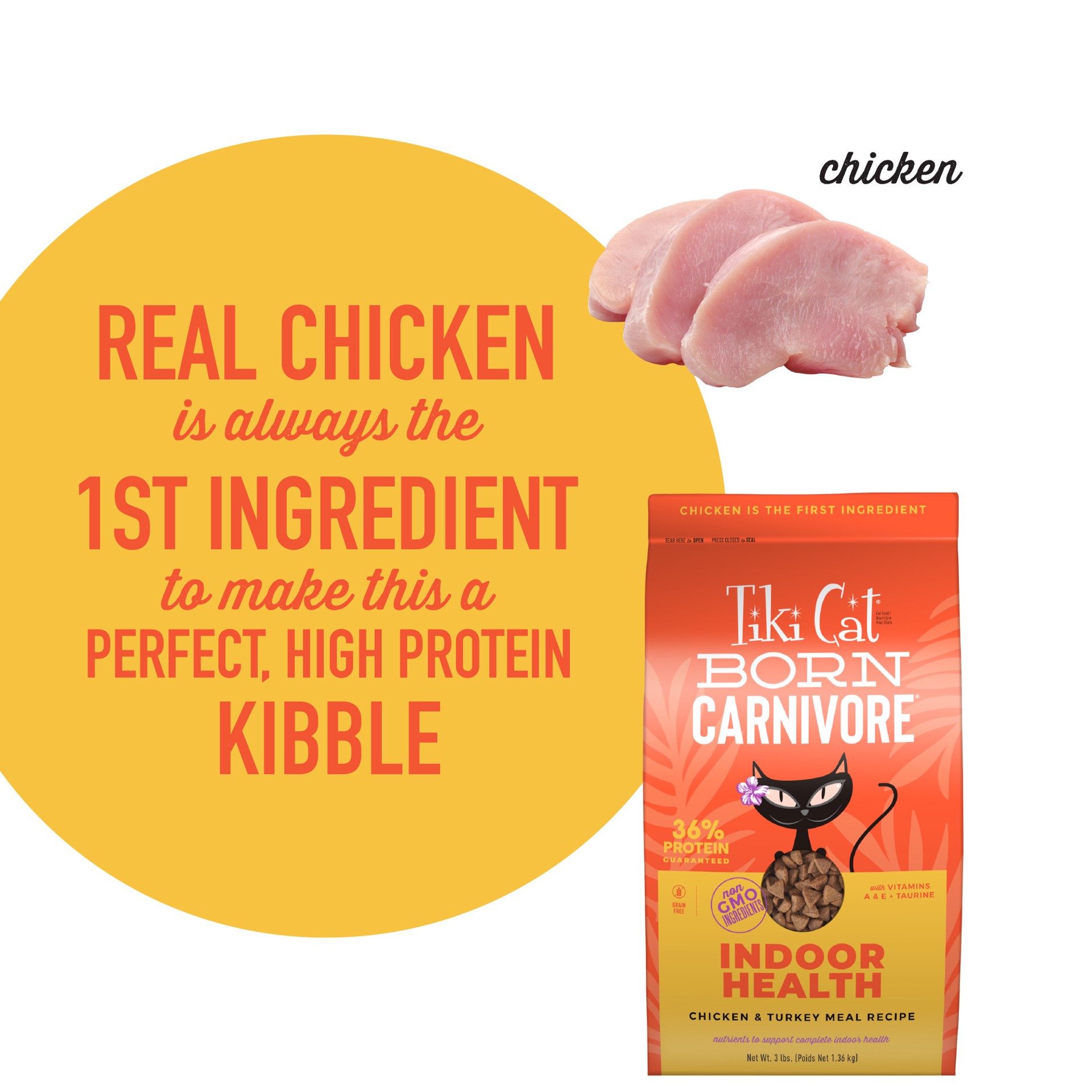 slide 9 of 9, Tiki Cat Born Carnivore Indoor Health Chicken & Turkey Meal Dry Cat Food, 3 lbs., 3 lb