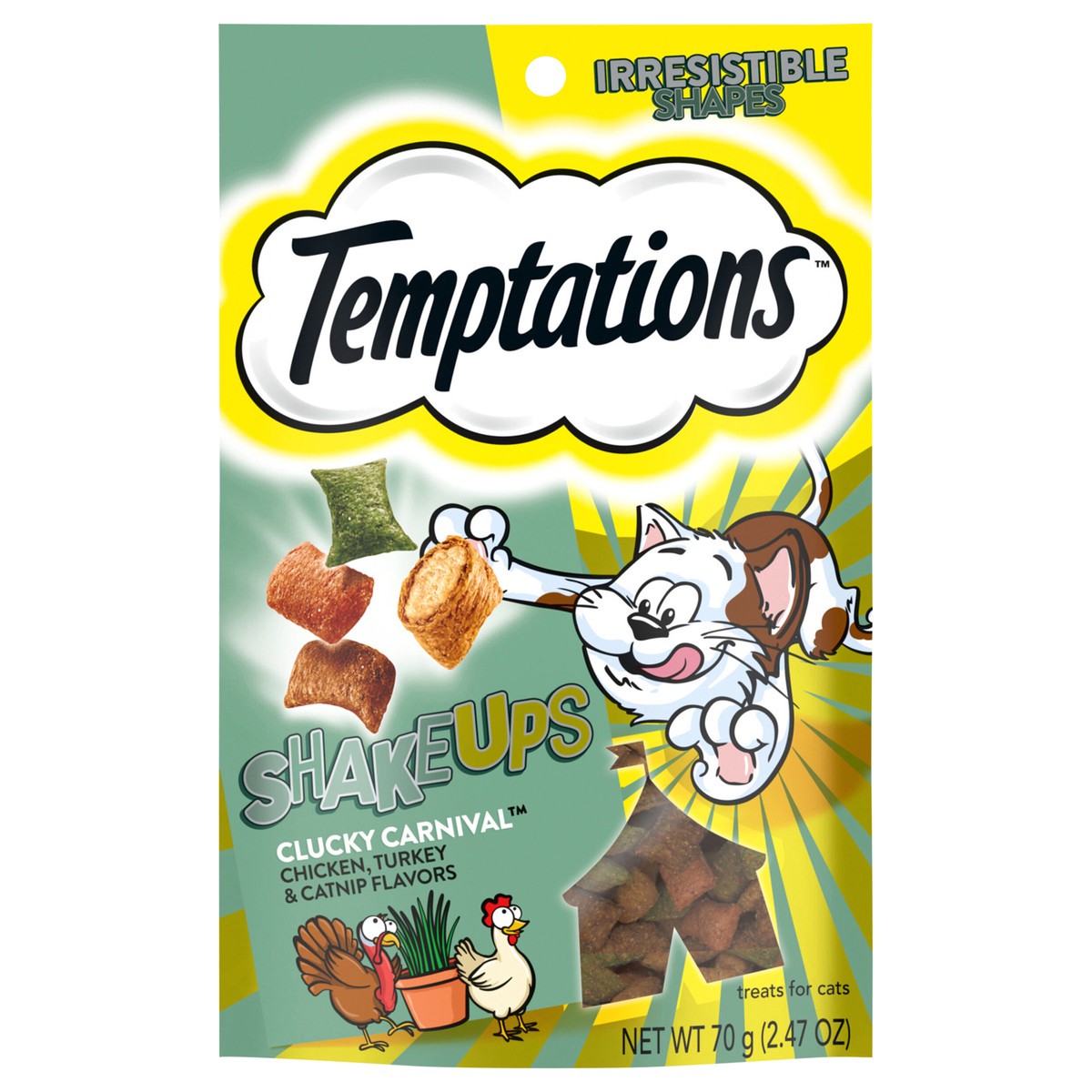 slide 1 of 3, Temptations ShakeUps Clucky Carnival Chicken, Turkey & Catnip Flavors Treats for Cats 2.47 oz, 2.47 oz