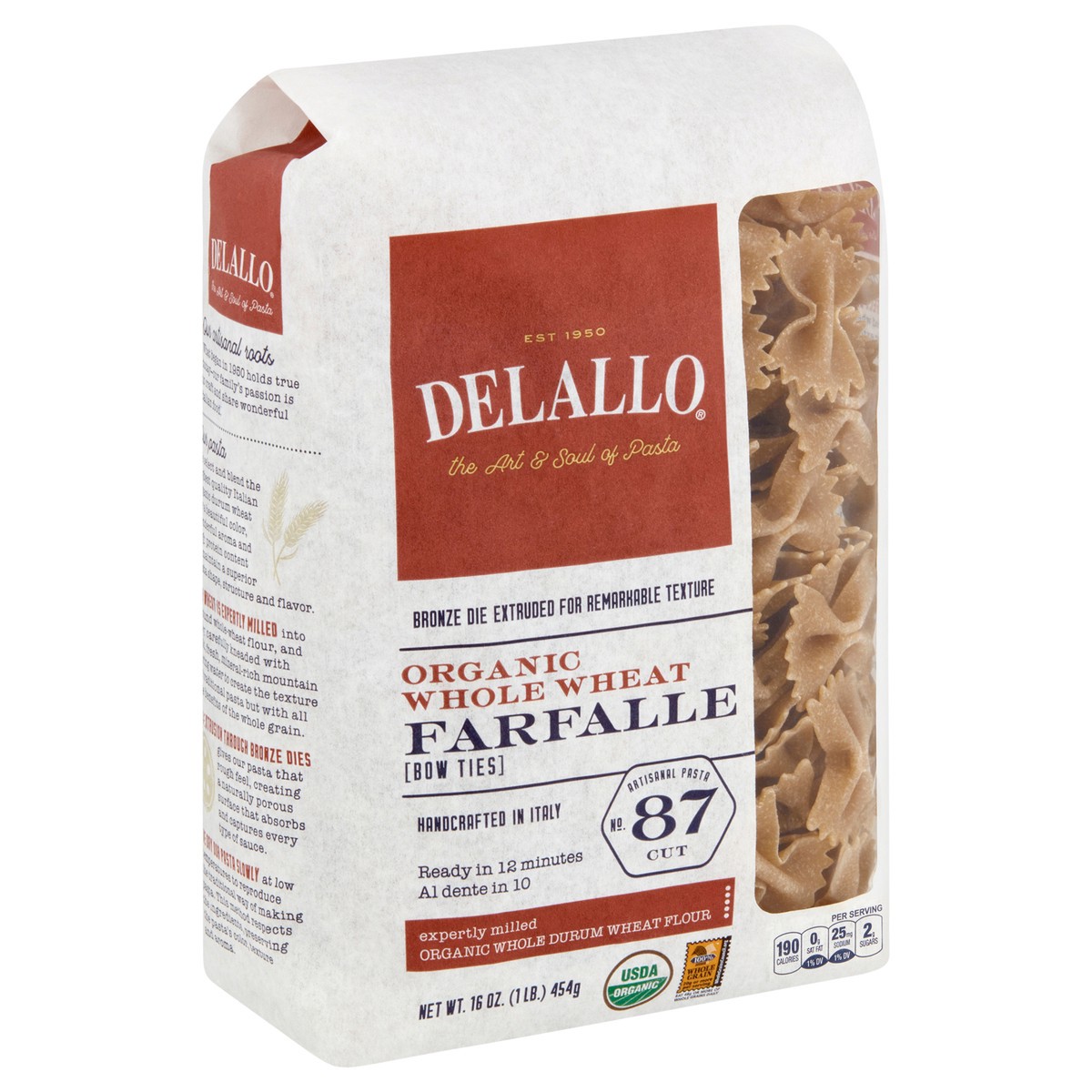 slide 4 of 10, DeLallo Organic Whole Wheat Pasta - Farfalle, 16 oz