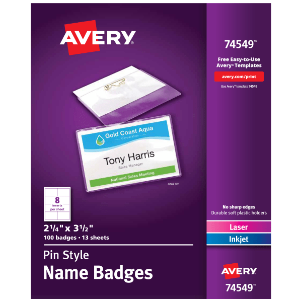 slide 1 of 8, Avery Pin Style Name Badge Kits, Business Card Size, 100 ct; 2 1/4 in x 3 1/2 in