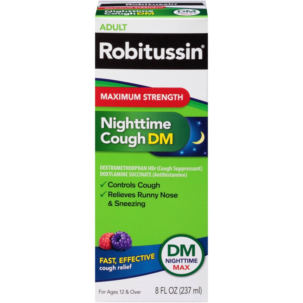 slide 6 of 63, Robitussin Maximum Strength Nighttime Cough DM, Cough Medicine for Adults, Berry Flavor - 8 Fl Oz Bottle, 8 fl oz