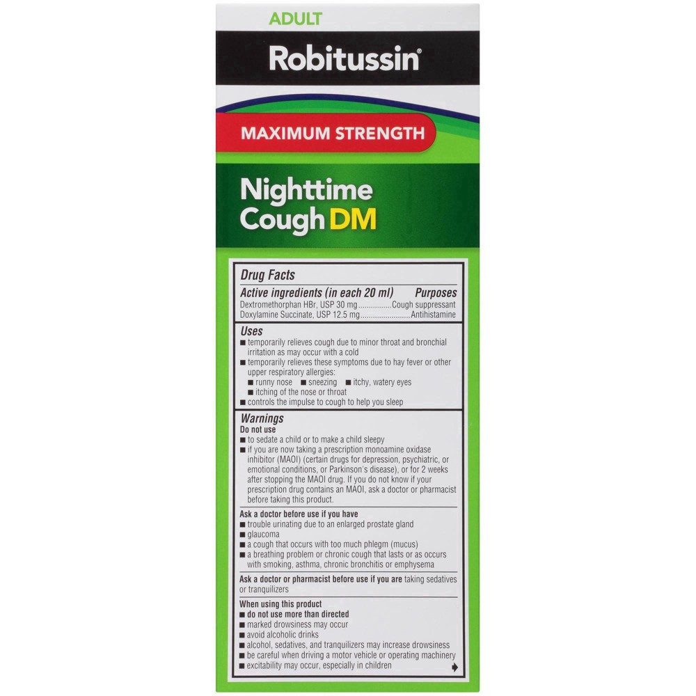 slide 12 of 63, Robitussin Maximum Strength Nighttime Cough DM, Cough Medicine for Adults, Berry Flavor - 8 Fl Oz Bottle, 8 fl oz