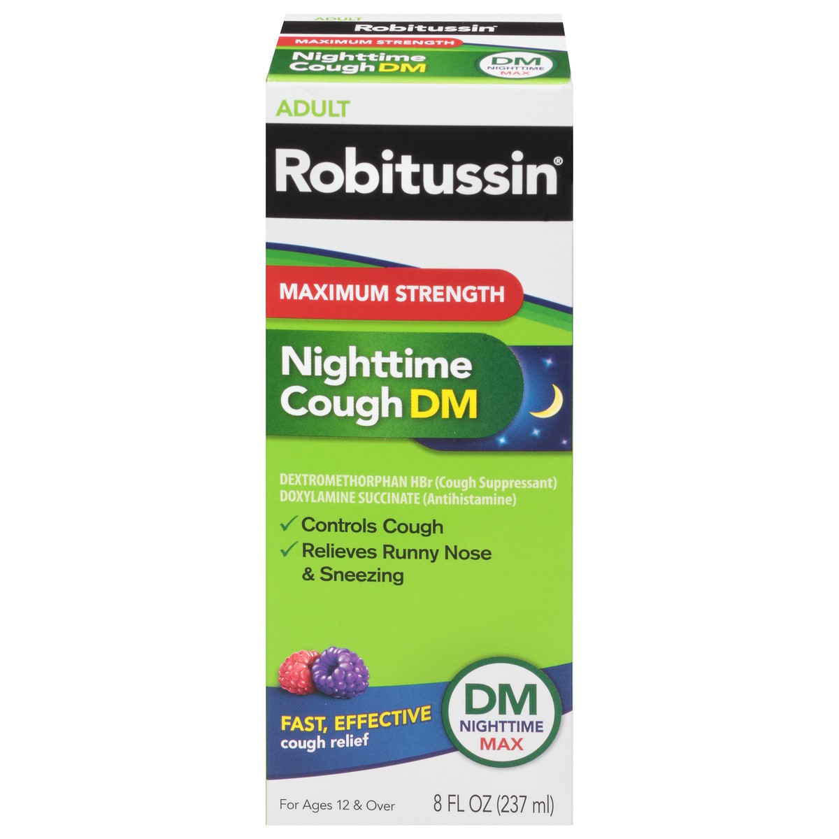 slide 1 of 1, Robitussin Maximum Strength Nighttime Cough DM, Cough Medicine for Adults, Berry Flavor - 8 Fl Oz Bottle, 8 fl oz